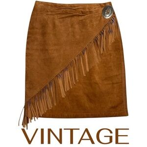 Vintage Brown Suede Fringe Pencil Skirt with Concho Accent-RRL Western Look
